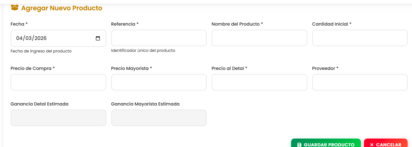 Formulario para agregar un nuevo producto de oro 18K con precio y descripción