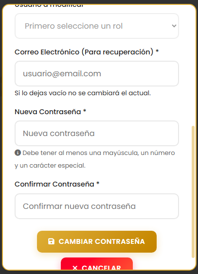 Pantalla de confirmación de nueva contraseña