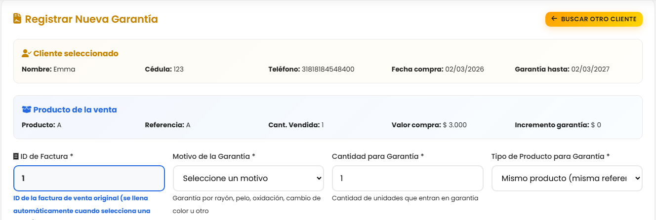 Estado del caso de garantía y datos del cliente