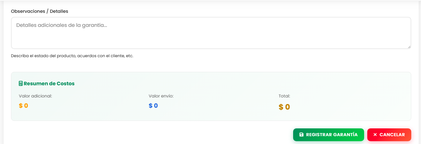 Pantalla de cierre con confirmación de entrega o reposición