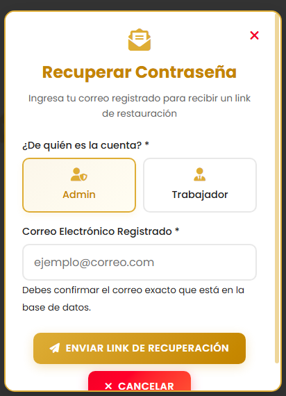 Pantalla para solicitar recuperación de contraseña por correo