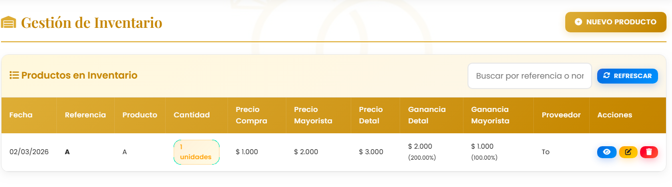 Listado de productos de joyería con existencias y precios